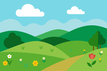 Obraz premium Illustration of a green landscape with flowers and sky