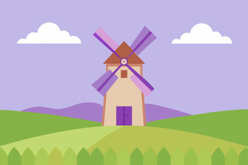 Windmill on a hill with clouds and a purple sky