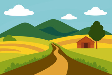 Illustration of a farm landscape with a winding road