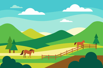 Horses in a green landscape with hills and clouds