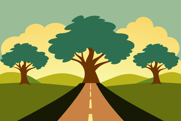 Road leading to trees under a cloudy sky landscape