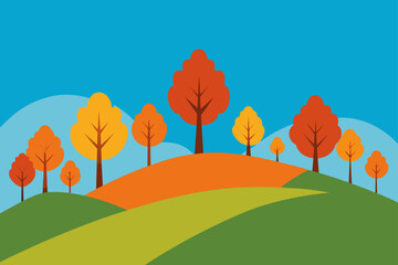 Illustration of autumn trees on rolling hills scene