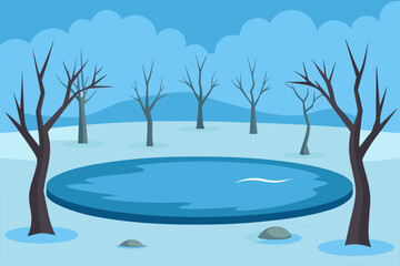 Winter landscape with frozen pond and bare trees