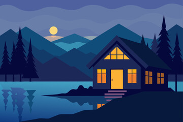 Cabin by the lake at night with mountains and moon