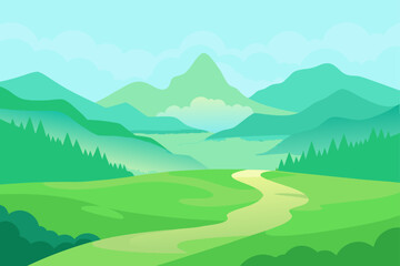 Cartoon landscape with mountains and winding path way