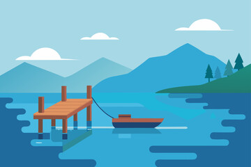 Illustration of a lake with a dock and a small boat