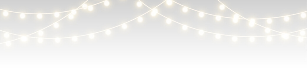 Festive gold Christmas garland with shining lamp string and transparent background, ideal for decoration, winter holiday cards, and glowing celebration vector compositions