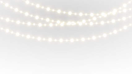Bright glowing garland PNG with golden lamps and festive light effect, perfect for Christmas background, holiday party decoration and warm seasonal illumination banners