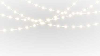 Glowing Christmas garland light PNG with gold bulb string, perfect for winter holiday background, decoration design, and festive celebration banner composition