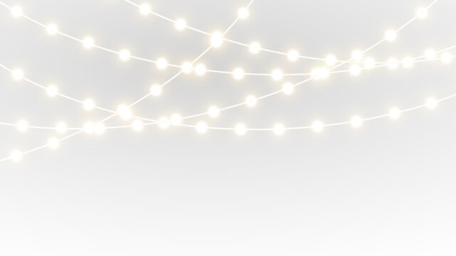 Decorative Christmas gold light garland with festive shine and transparent vector background, ideal for holiday celebration, new year design and winter glowing themes