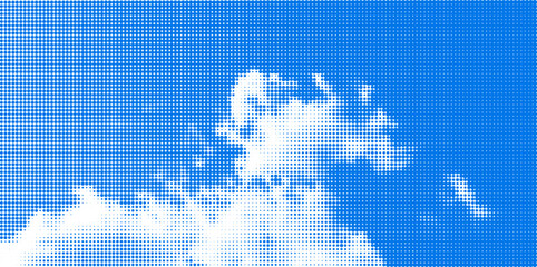 Halftone clouds on gradient sky. Retro dotted texture. Vintage pop art style