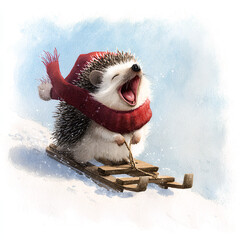 Happy hedgehog enjoys sledding in the snowy landscape wearing a red scarf and hat during winter time