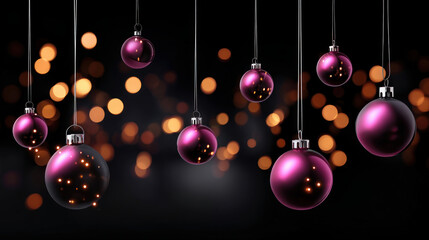 Christmas holiday background with copy space, hanging pink balls and bokeh lights on black background. Merry Christmas and Happy Holidays greeting card, frame, and banner. New Year.