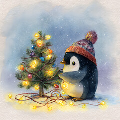 Cute penguin decorating a small Christmas tree with colorful lights during a snowy winter scene