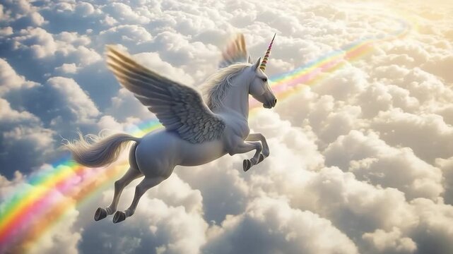 Winged unicorn gracefully soaring among vibrant clouds and rainbow in a magical sky
