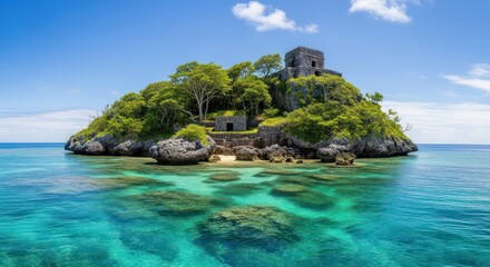 Obraz premium Tropical island, ancient ruins atop lush greenery, turquoise waters shimmer