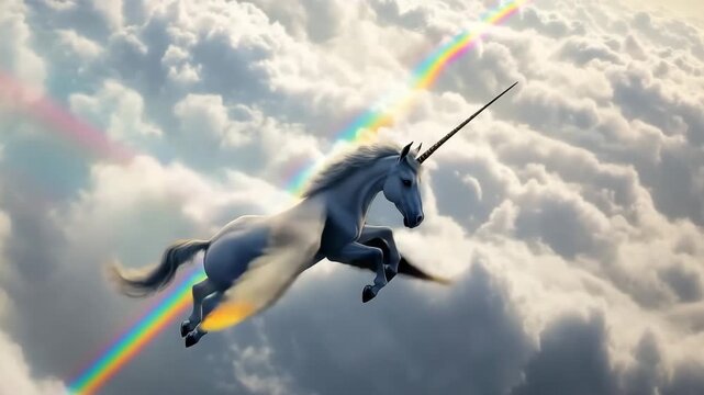 Winged unicorn gracefully soaring among vibrant clouds and rainbow in a magical sky