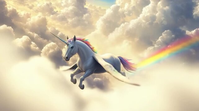 Winged unicorn gracefully soaring among vibrant clouds and rainbow in a magical sky