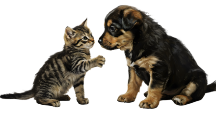 Isolated Photo Kitten and Puppy Playfully Interacting Together