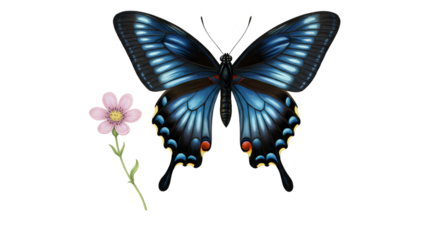 Isolated Photo Majestic Blue Butterfly with Pink Flower Transparent Background