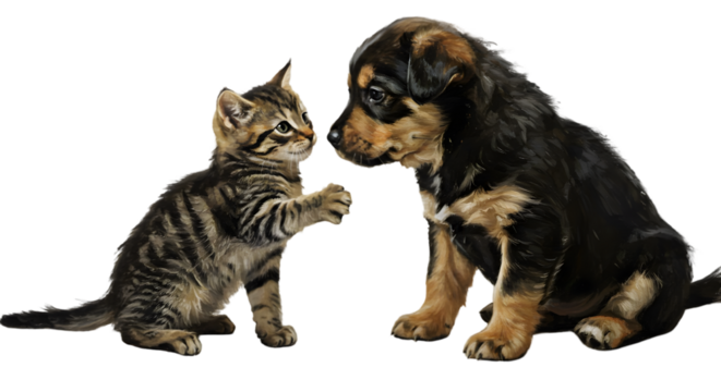 Isolated Photo Kitten and Puppy Playfully Interacting Together
