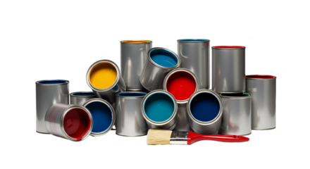 Isolated Photo Many Paint Cans with Brushes Yellow Blue Red Colors