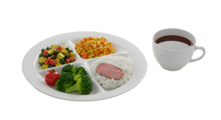 Isolated Photo Meal Tray with Rice Broccoli Sausage Corn and Vegetables
