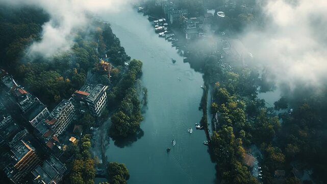 Aerial view of river flowing through misty city landscape