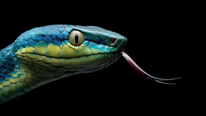 Close-up of vibrant blue and yellow venomous snake