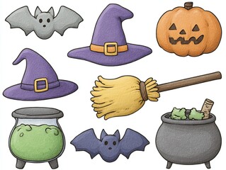 Halloween cartoon vector icons: purple witch hat, pumpkin-head broomstick, bat wings with green poison cauldron