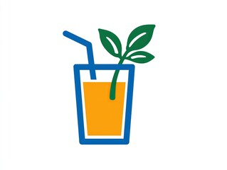 Fresh juice drink vector icon, glass with straw and green leaf, blue and orange color scheme