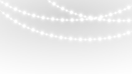 Glowing Christmas garland light with white illumination and gold accents, transparent PNG perfect for festive holiday decoration, winter banners and decorative vector compositions