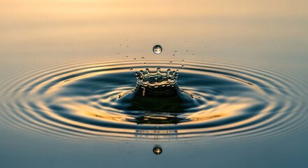 Water drop impact creates splash and ripple patterns against smooth, blurred tones
