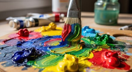Obraz premium Vibrant paint palette with brush, layered colors, and squeezed paint tubes