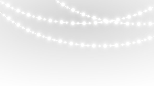 Glowing Christmas garland light with white illumination and gold accents, transparent PNG perfect for festive holiday decoration, winter banners and decorative vector compositions