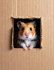 Hamster peeking from cardboard box