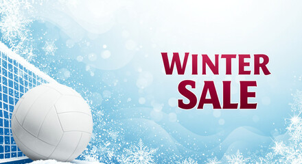 Winter sale advertisement with volleyball ball and snowflakes on blue background, seasonal sports discount promotion