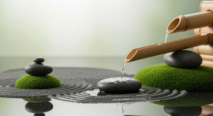 A serene zen garden scene featuring water flowing from bamboo, stones, and moss.