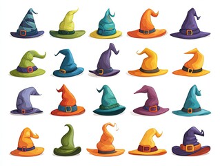 Cartoon Halloween Wizard Hats Vector Icon Set with Transparent Background for Holiday Design