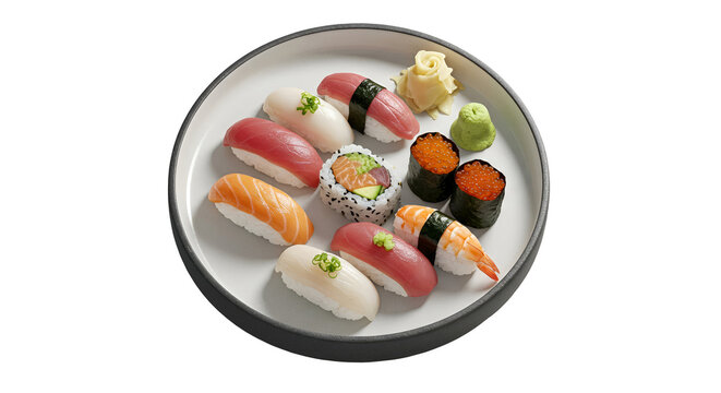Isolated photo of assorted sushi on white plate with wasabi and ginger
