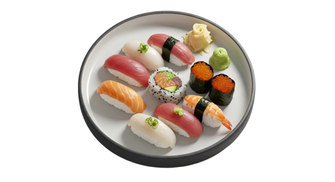 Isolated photo of assorted sushi on white plate with wasabi and ginger