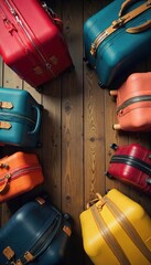 Assorted Luggage Ready for Adventure Overhead View of Suitcases and Bags on Rustic Wood