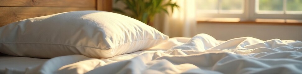 Peaceful Morning Sunlight Illuminates Fluffy White Pillow on Bed, Serene Bedroom Scene,  Cozy Home Interior,  Awakening Atmosphere