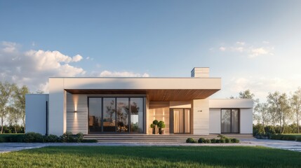 Modern Home Exterior: A contemporary architectural masterpiece bathed in sunlight, boasting sleek lines, expansive glass walls, and a seamless integration with nature, exemplifying luxurious living.