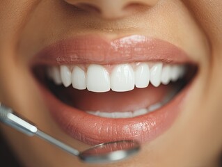 Dental clinic close-up of smiling woman with white teeth, oral examination instruments, professional dental care scene