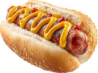 Hot Dog with Mustard and Ketchup on White Background, HD Food Photography for Advertising and Packaging Design