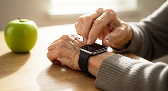 Senior adjusting smartwatch on wrist near green apple on wooden table, technology and healthy lifestyle