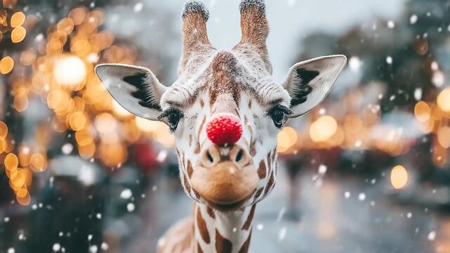 A giraffe wearing a red nose stands in a snowy, bokeh-lit background