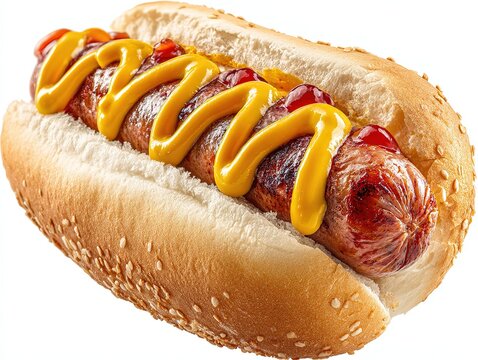 Hot Dog with Mustard and Ketchup on White Background, HD Food Photography for Advertising and Packaging Design