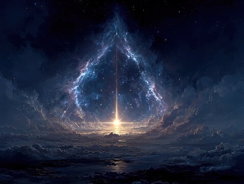Cosmic nebula occult symbol in violet-blue space, surreal digital art of mystical entity and DMT journey